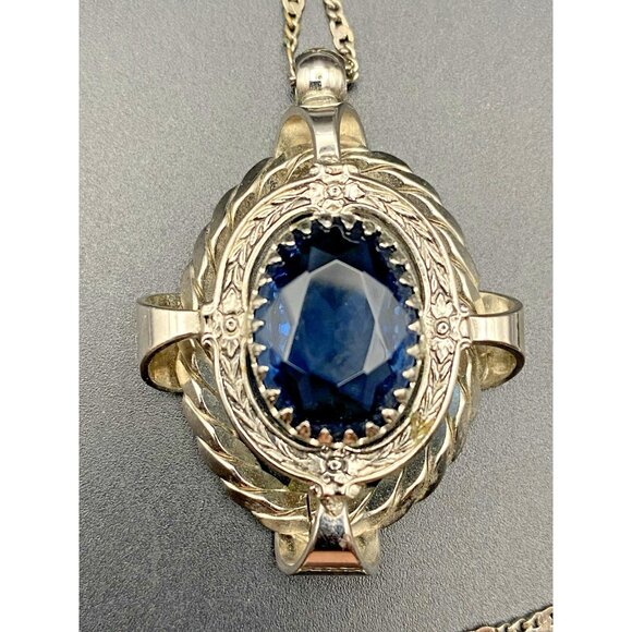 Vintage Blue Glass Pendant Necklace Faceted Silver Tone Dog Tooth Ornate Setting - Picture 3 of 9